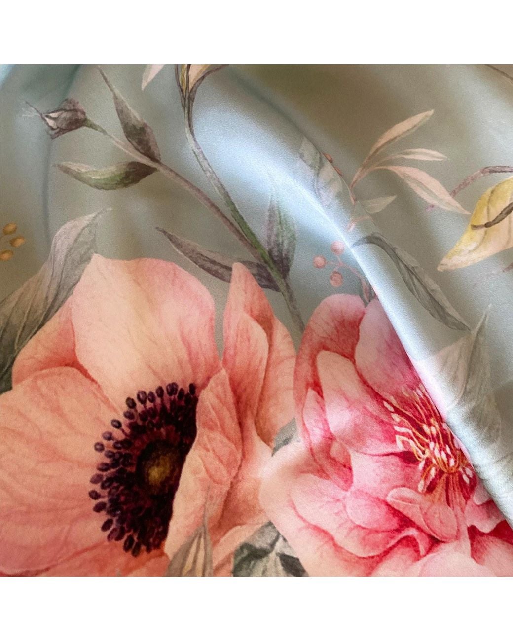 Ralufineart Green Silk Scarf Peonies Serenade