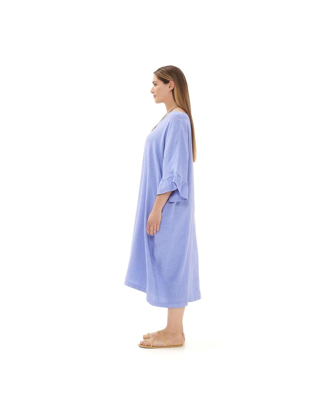 Haris Cotton Gray Cami Ruffled Sleeves Curve Linen Dress