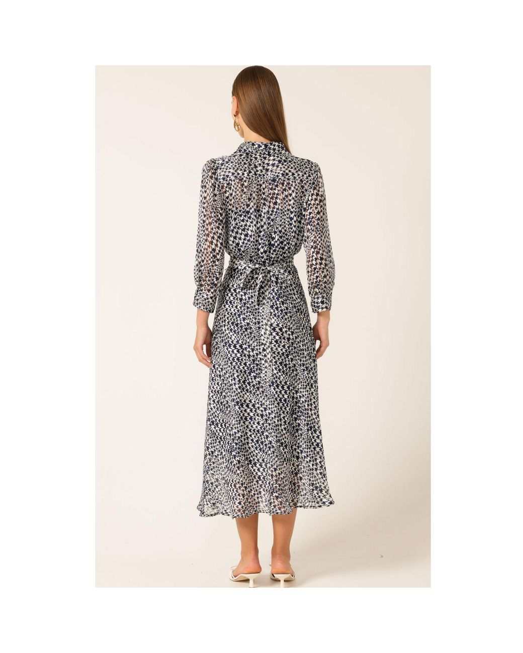 SACHA DRAKE Gray Herringbone Lurex Stripe Chiffon Midi Dress