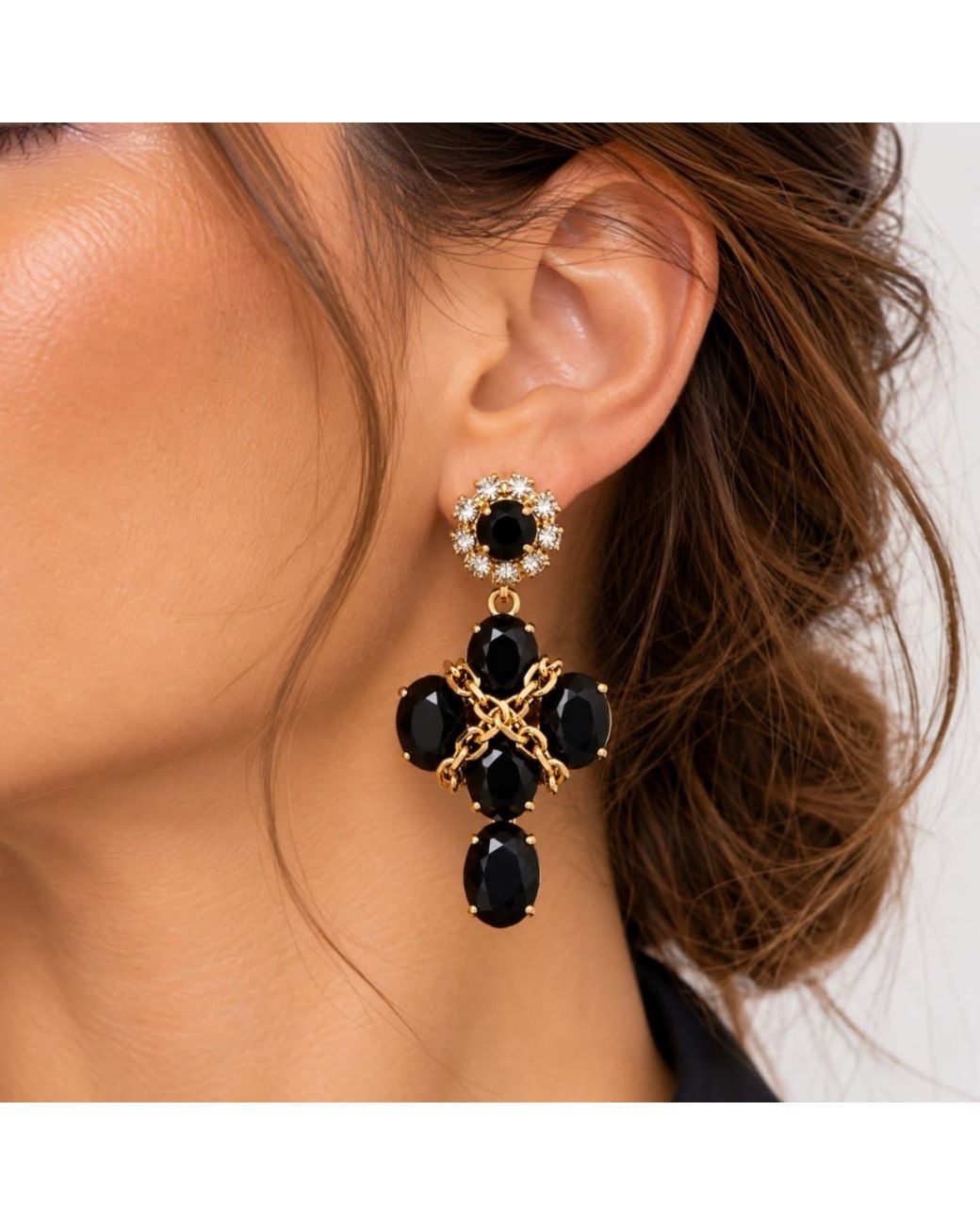 Vstyle Black Crystal Chain Statement Earrings