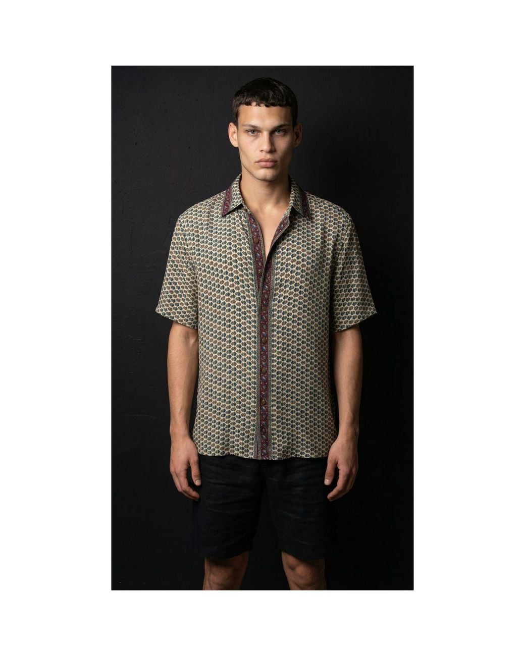 Monzlapur New York Gray Embossed Botanic Short Sleeve Crepe Shirt for men