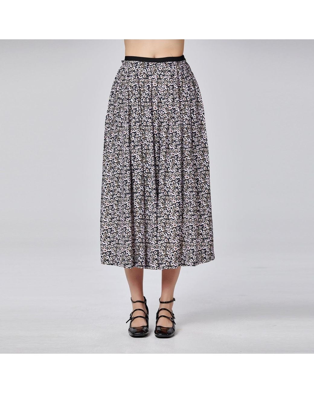 Smart and Joy Gray Flared Printed Skirt With Elastic Waistband