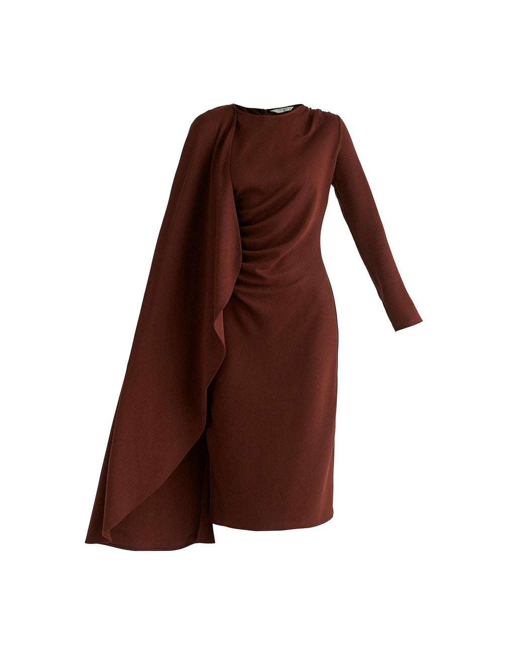 Paisie Brown Asymmetrical Cape Sleeve Lyocell Jersey Midi Dress