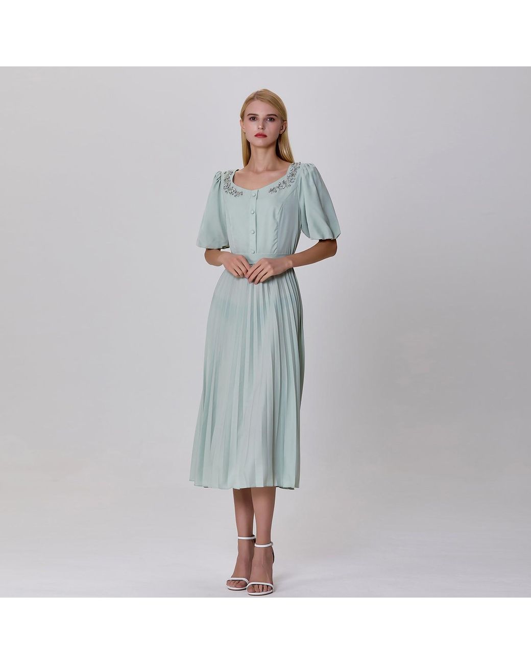 Smart and Joy Green Neutrals Pleats And Embroideries Blouse-Dress