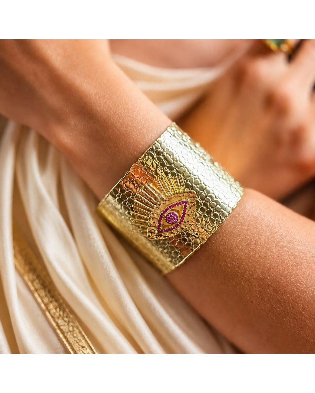 By Ozge Metallic Divine Gaze Ruby Stone Evil Eye Plated Statement Cuff Bracelet