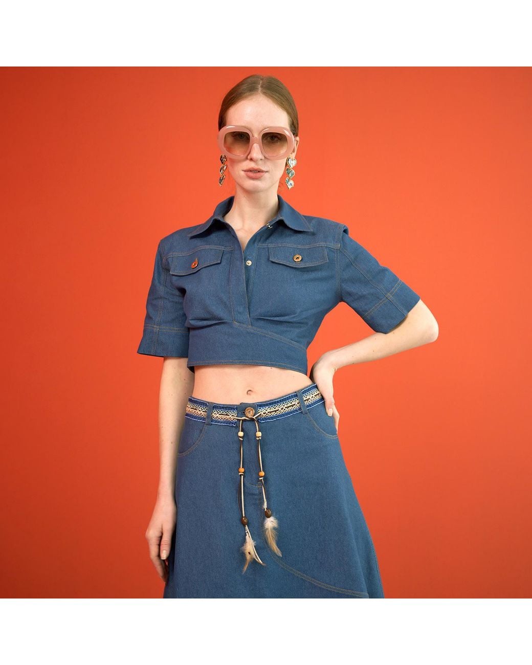 Lalipop Design Blue Fitted Cropped Denim Shirt