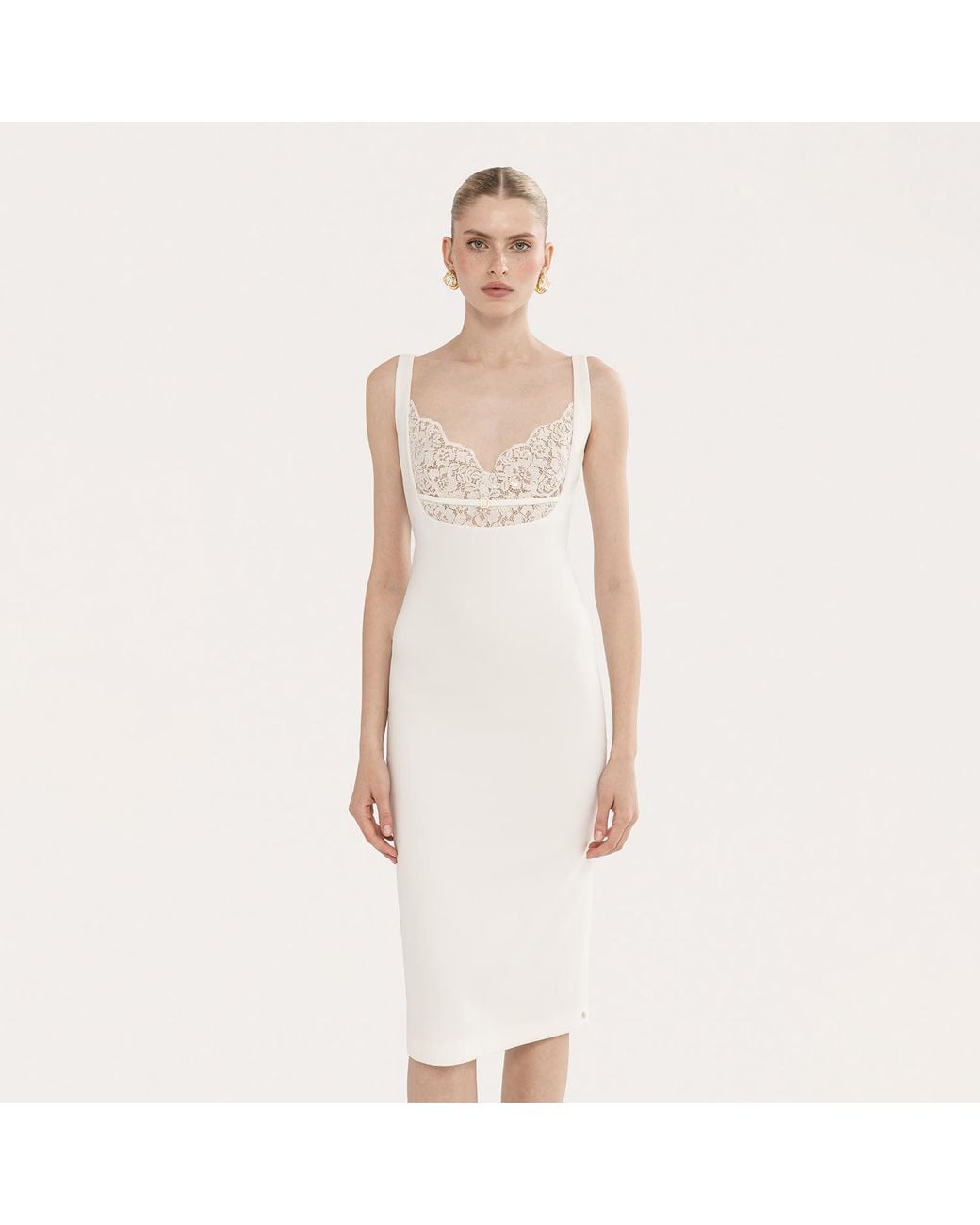 Nissa White Lace-Detail Crepe Midi Dress