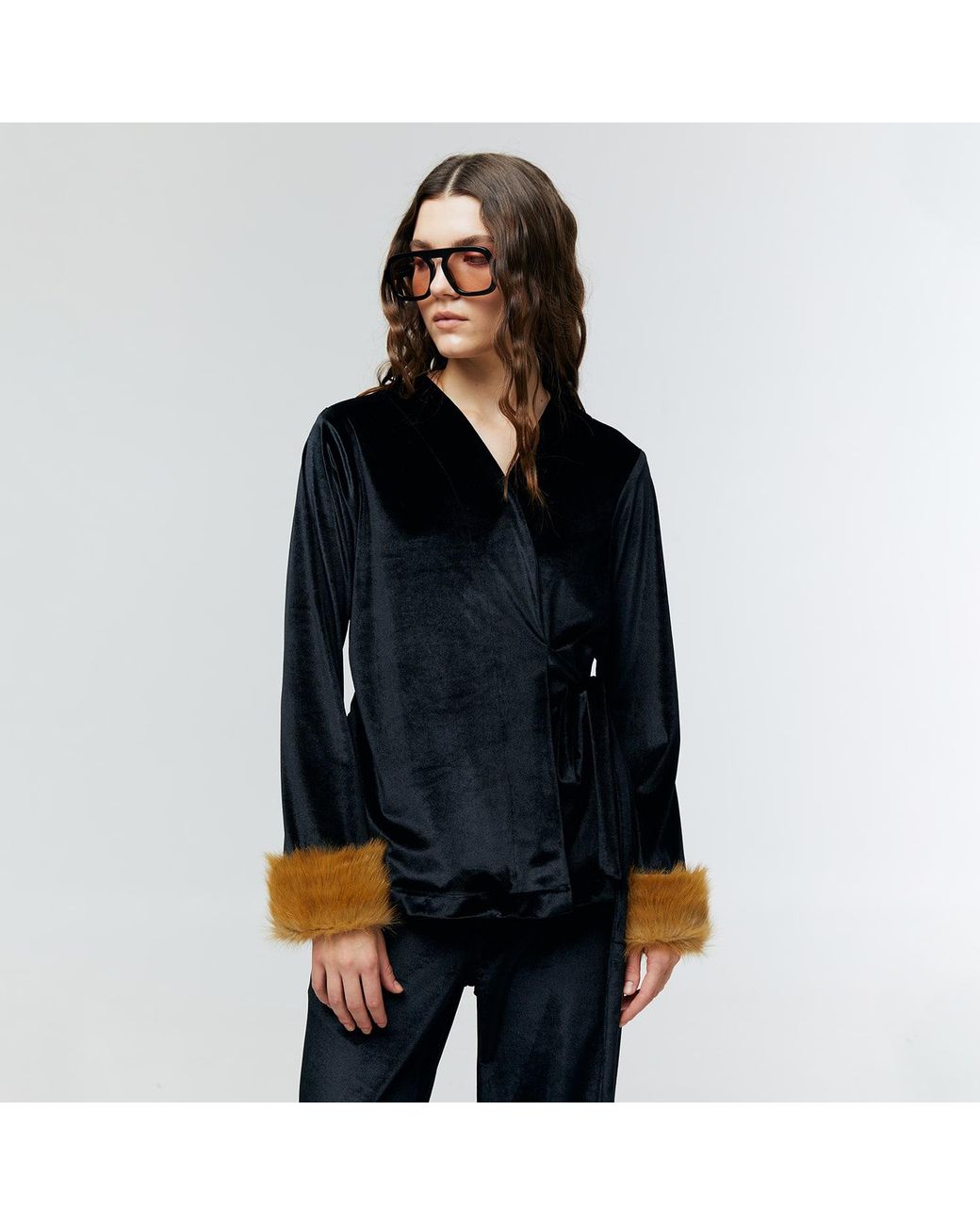Ats the Label Black Aurielle Velvet Fur Cuff Top