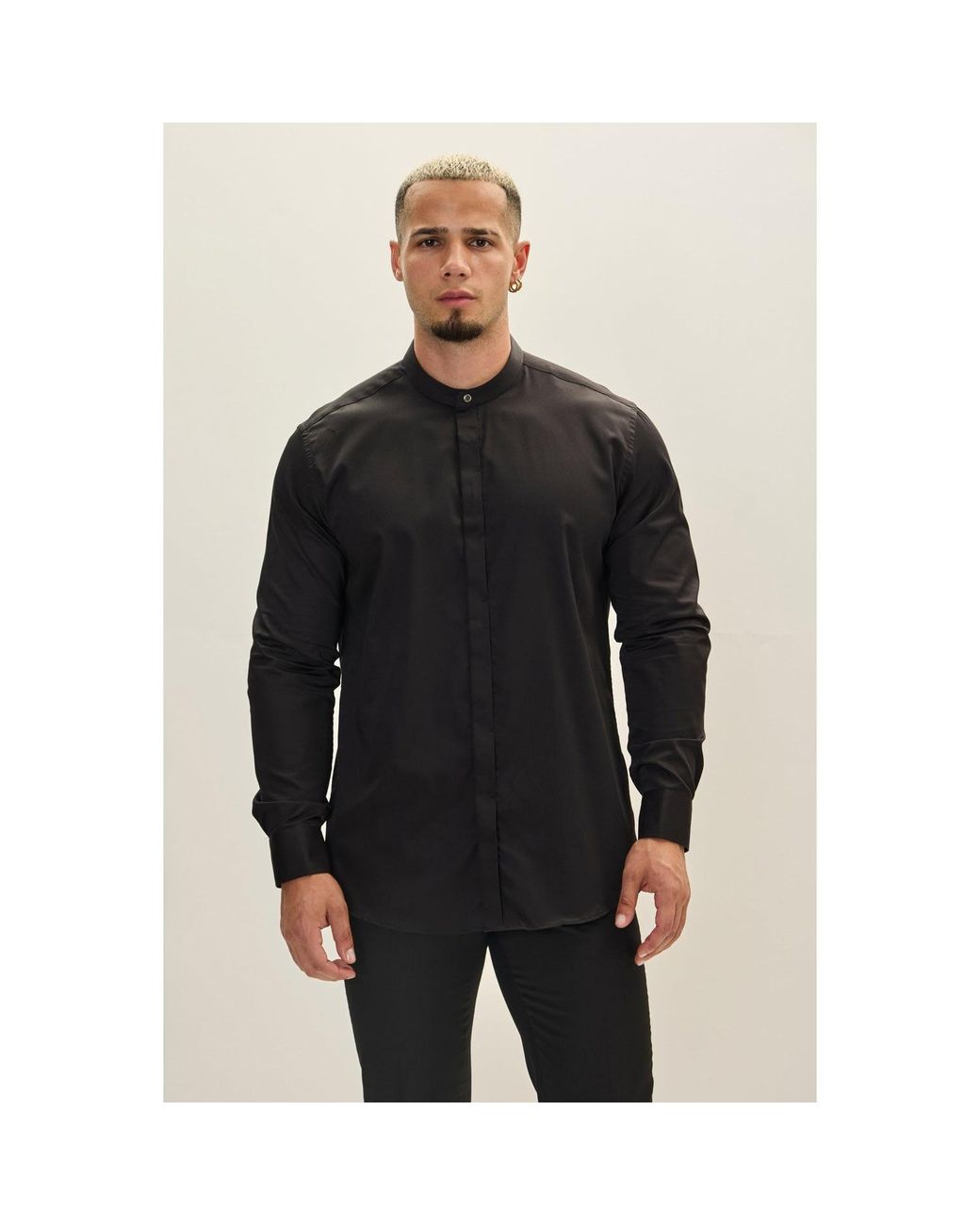 Ron Tomson Black Pure Cotton Band Collar Dress Shirt for men