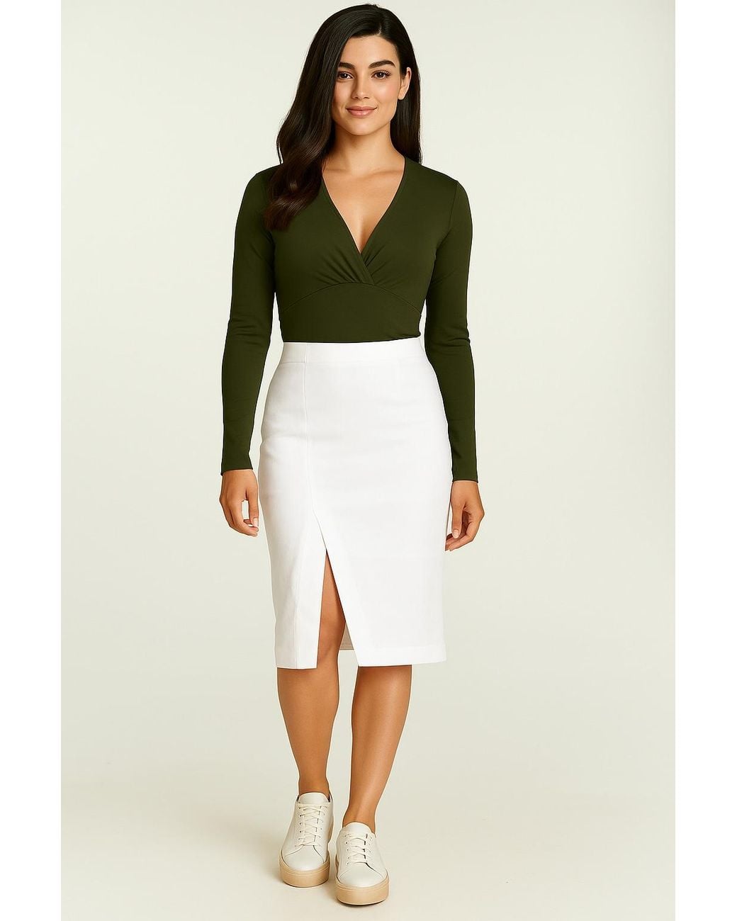 Conquista Green Viscose Elastane Jersey Top – Long Sleeve, Deep V-Neck- Dark Khaki