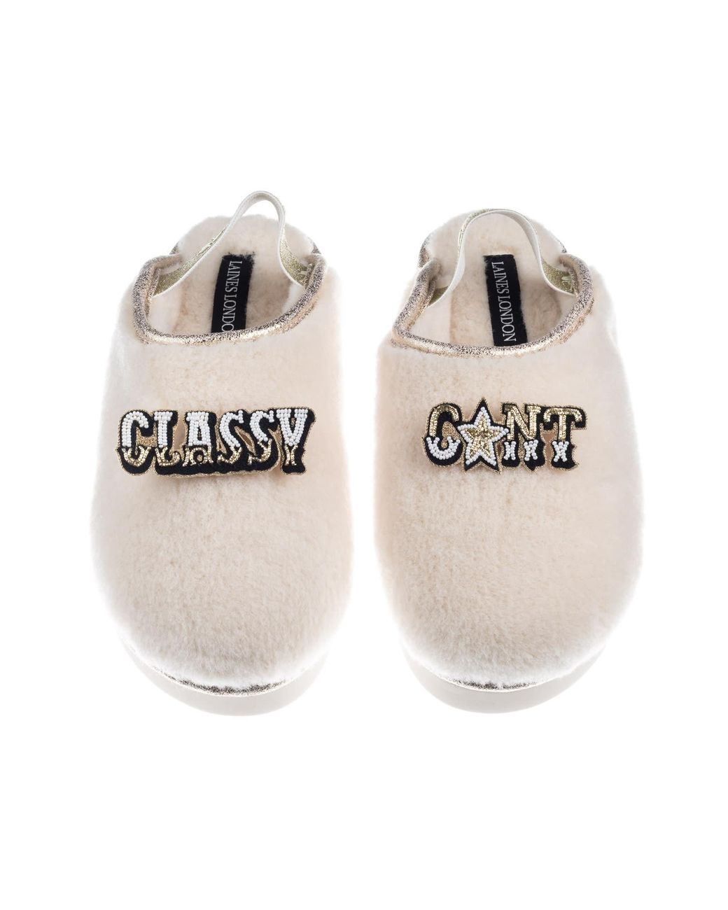 Laines London Natural Neutrals Flatform Cloud Closed Toe Slippers With Classy Cunt Brooches