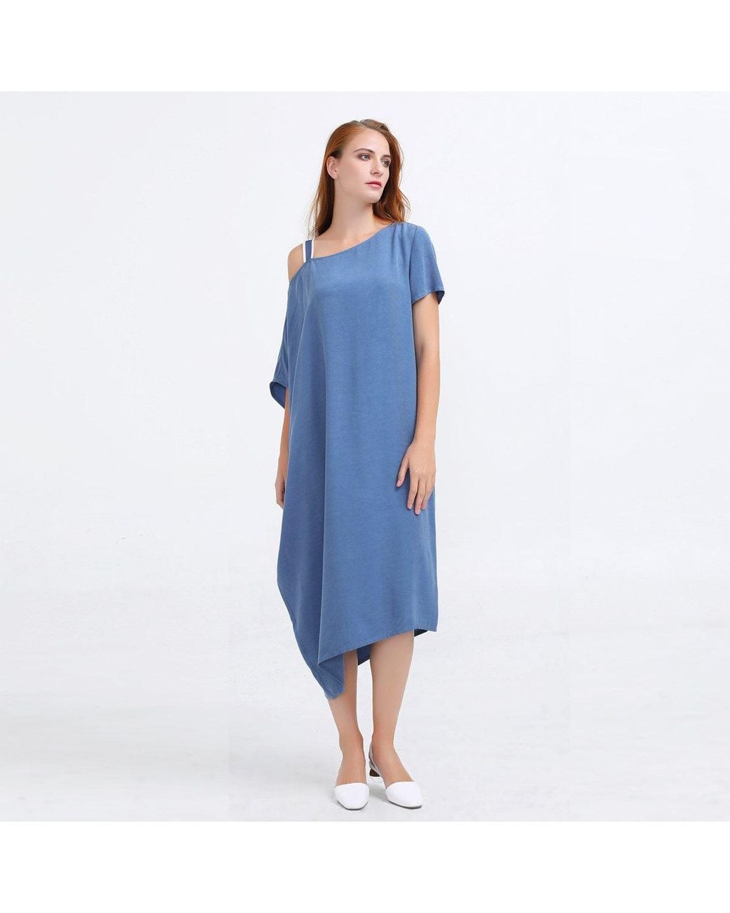 Smart and Joy Blue Asymmetrical Minimalist Cupro Fitted Dress