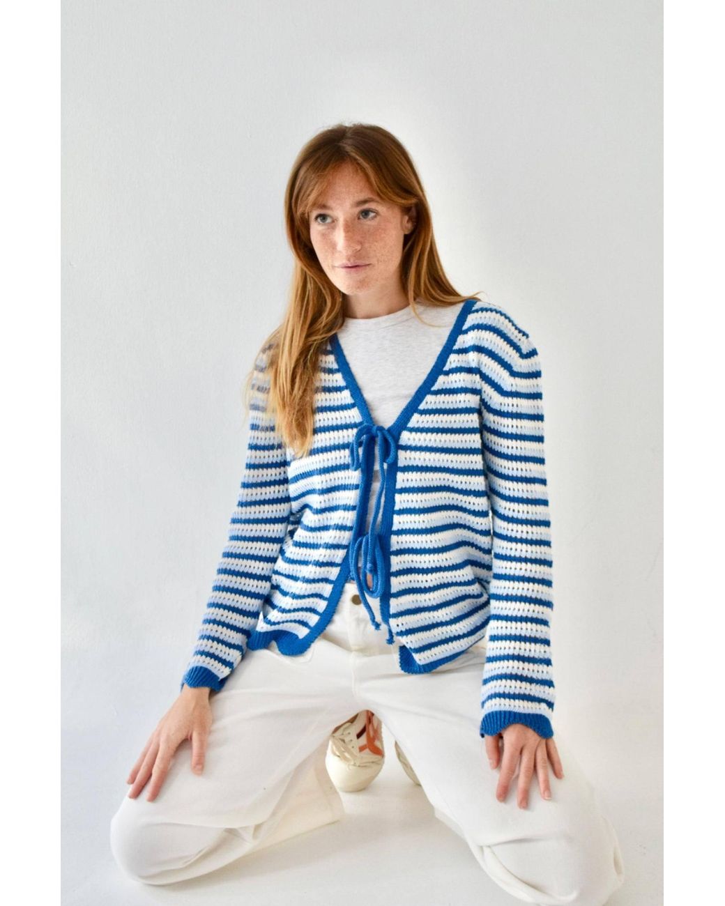 Mind Traveler Blue Striped Open-Knit Tie-Front Cardigan
