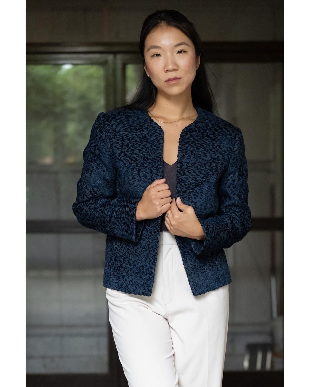 Stovaria Blue Handwoven Moss Texture Wool-Linen Statement Jacket