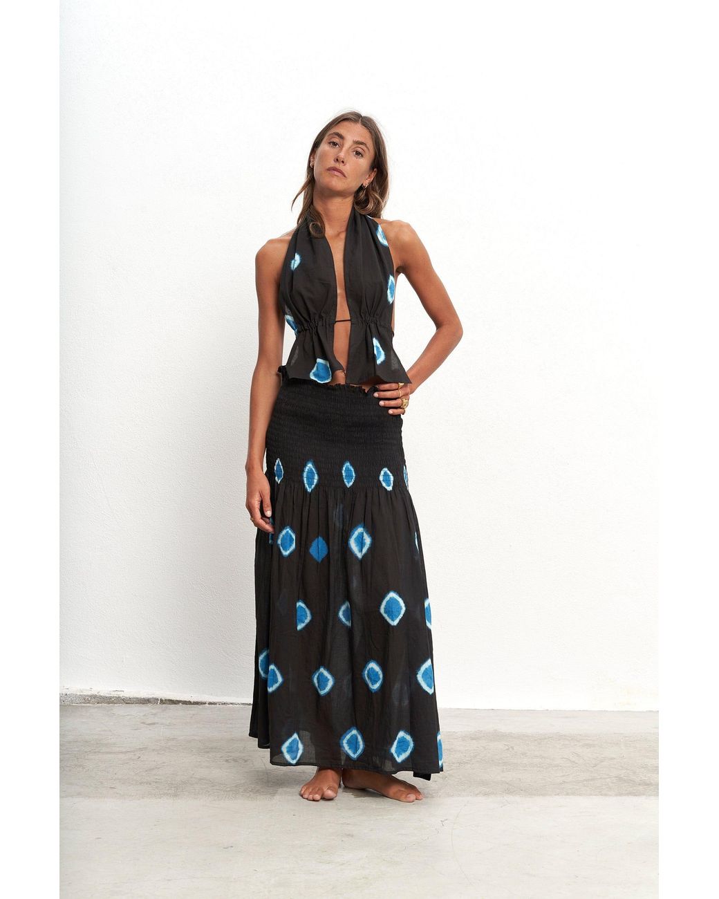 Par & Escala Black Smocked Cotton Maxi Josefa Skirt