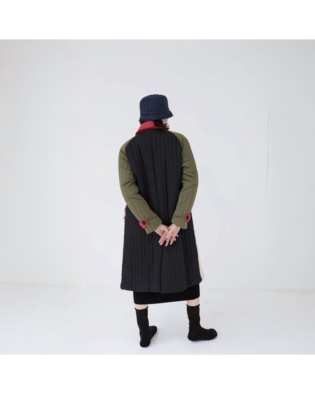 London Atelier Byproduct Pink Neutrals Khaki Patchwork Color Block Quilted Long Jacket