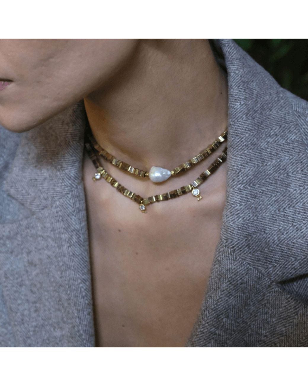 LINYA JEWELLERY Metallic Yarn Baroque Pearl Hematite Stone Necklace
