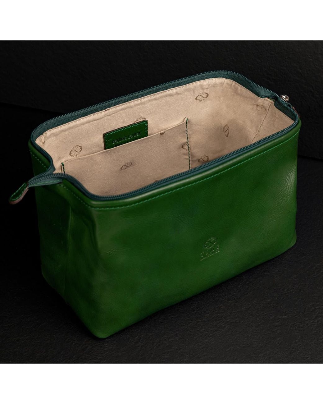 Time Resistance Green Leather Toiletry Bag For