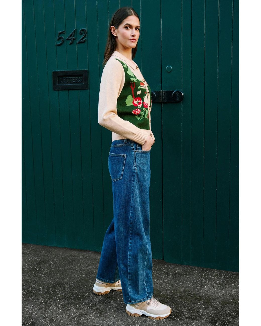 Yumi' Green Fox Scene Viscose Knitted Box Jacket