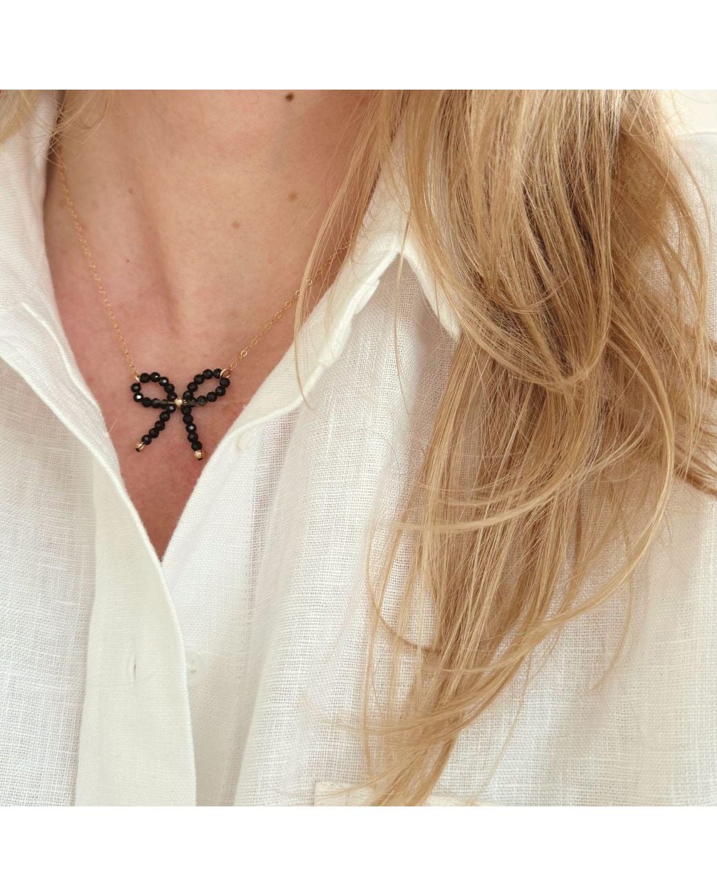 Herself Collections Black Spinel Bow Charm Necklace