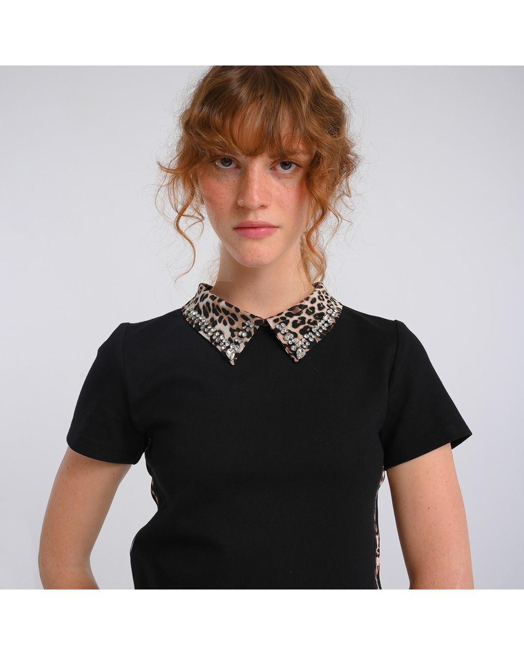 Lalipop Design Black Mini Knitted Dress With Faux Crystal Embellished Leopard Print Collar