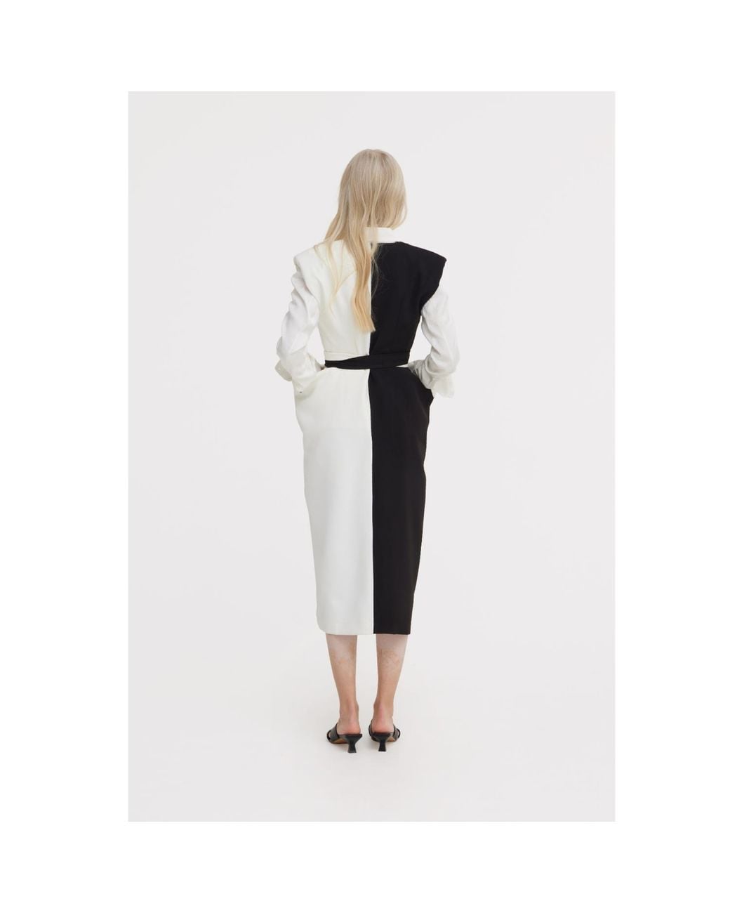 Julia Allert Black Neutrals Fashion Midi Dress With Belt And Bold Shoulders – & Ivory