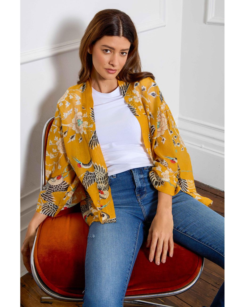 Artemis Muse Yellow Mustard Dynastic Bird Print Light Weight Kimono