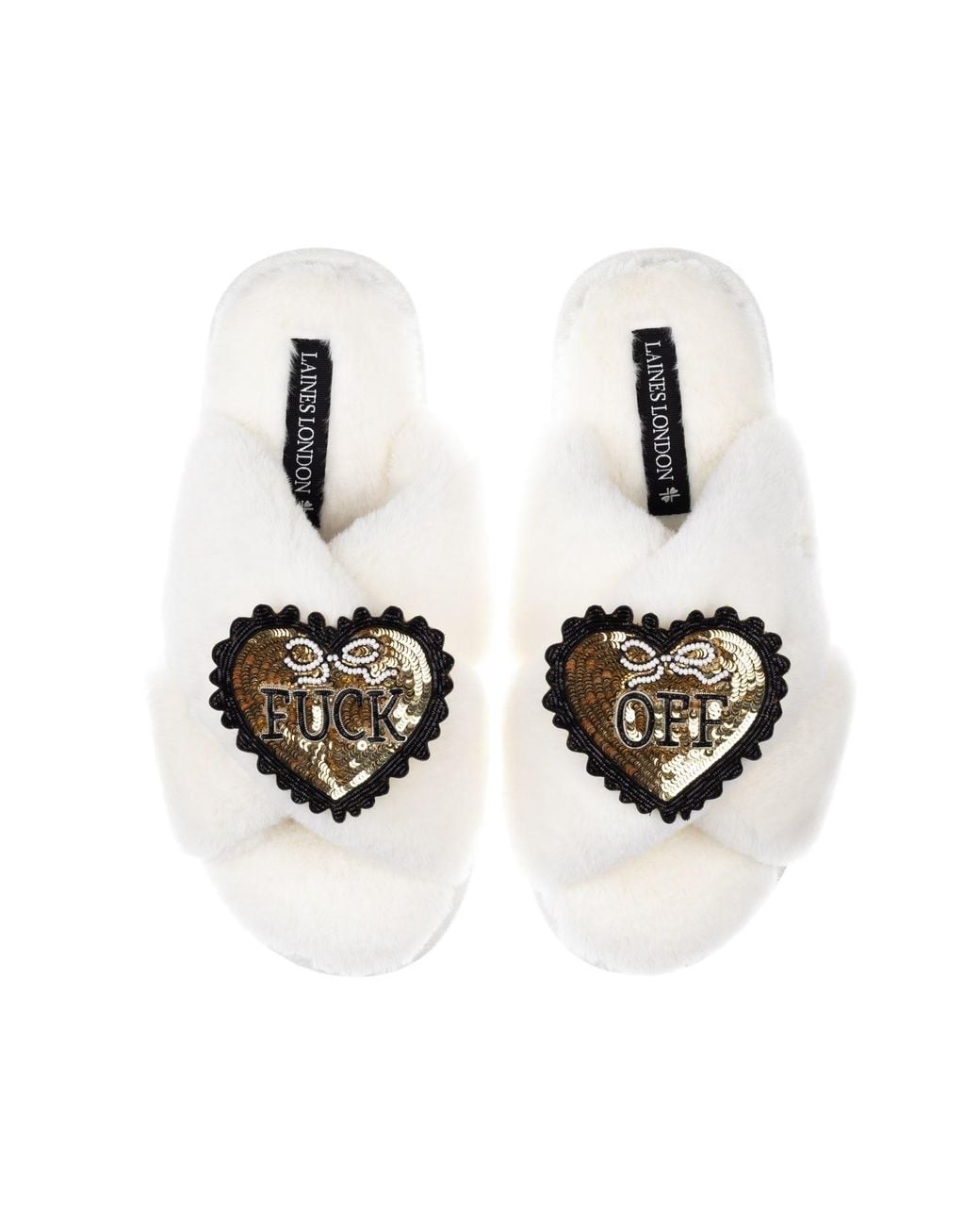 Laines London White Neutrals Classic Laines Slippers With & Fuck Off Brooches