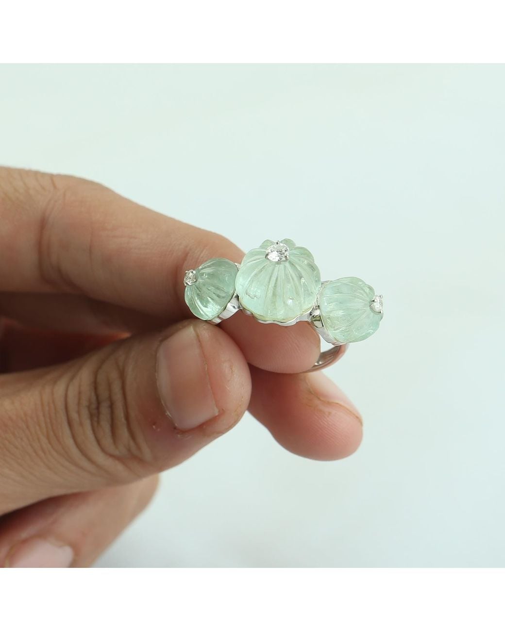 Artisan Green Carved Emerald & Diamond Floral Statement Ring