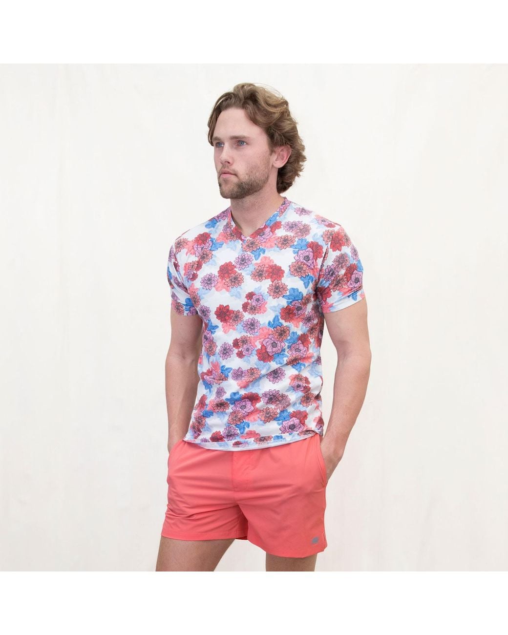 Lords of Harlech Red Maze Snap Floral V-Neck Tee for men