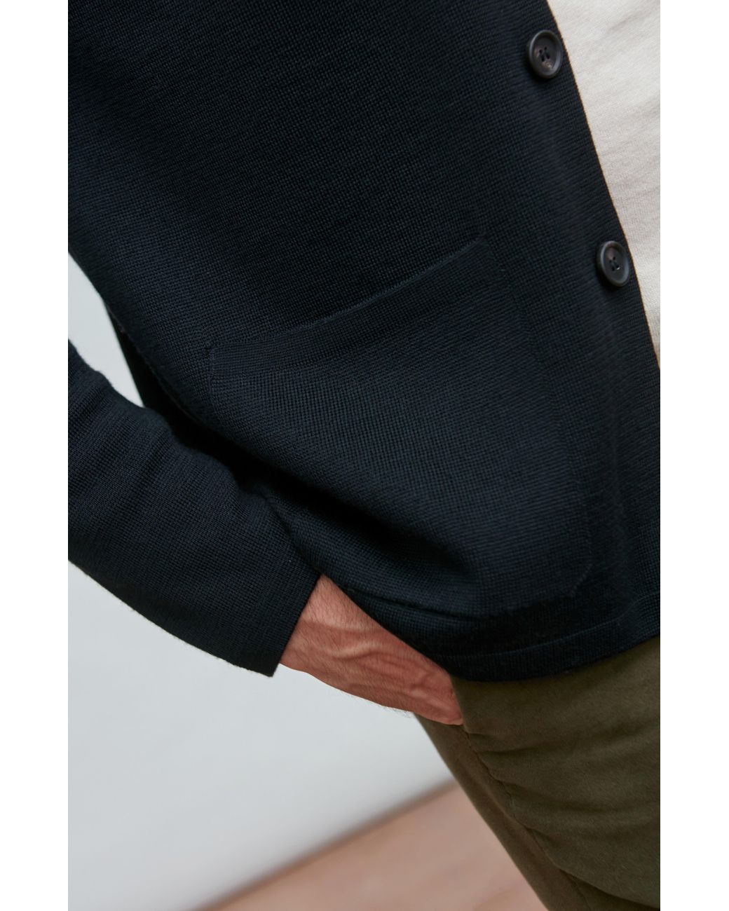 Paul James Knitwear Blue Extra Fine Merino Wool Alonzoo Knitted Nehru Jacket for men