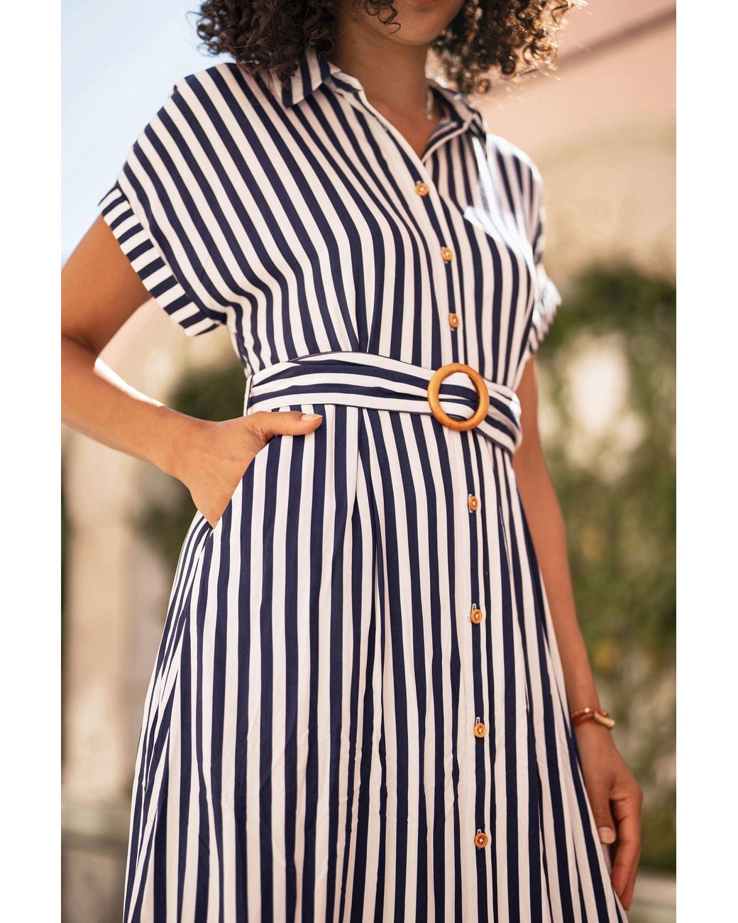Yumi' Blue Stripe Print Relaxed Midi Shirt Dress With Belt