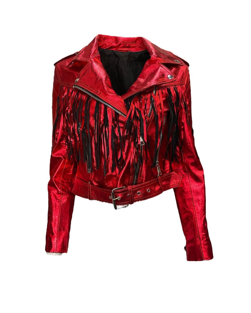 Any Old Iron Red Metallic Peril Leather Fringe Moto Jacket