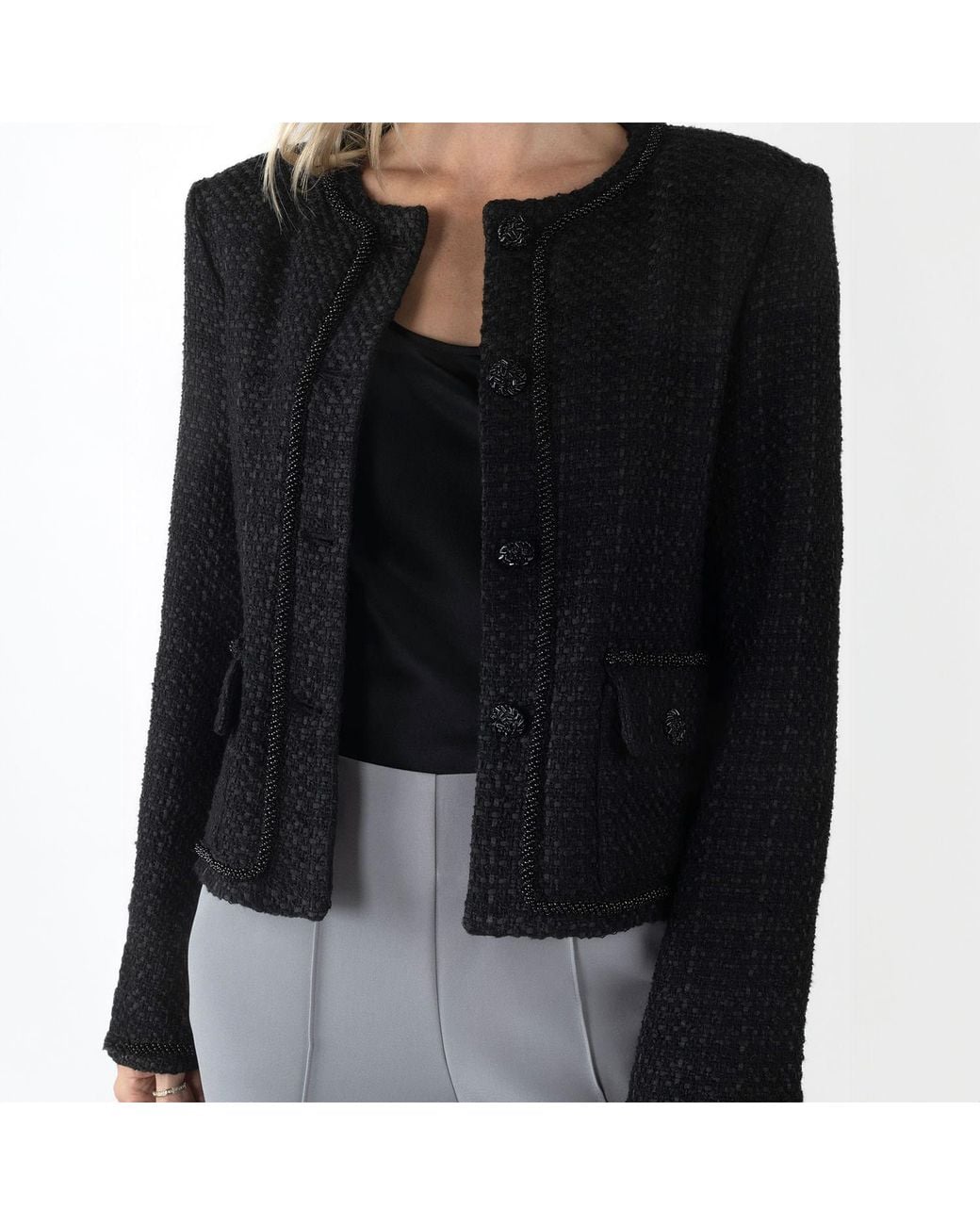 Solgo Atelier Black Pogonia Tweed Bouclé Cropped Jacket With Beaded Trim
