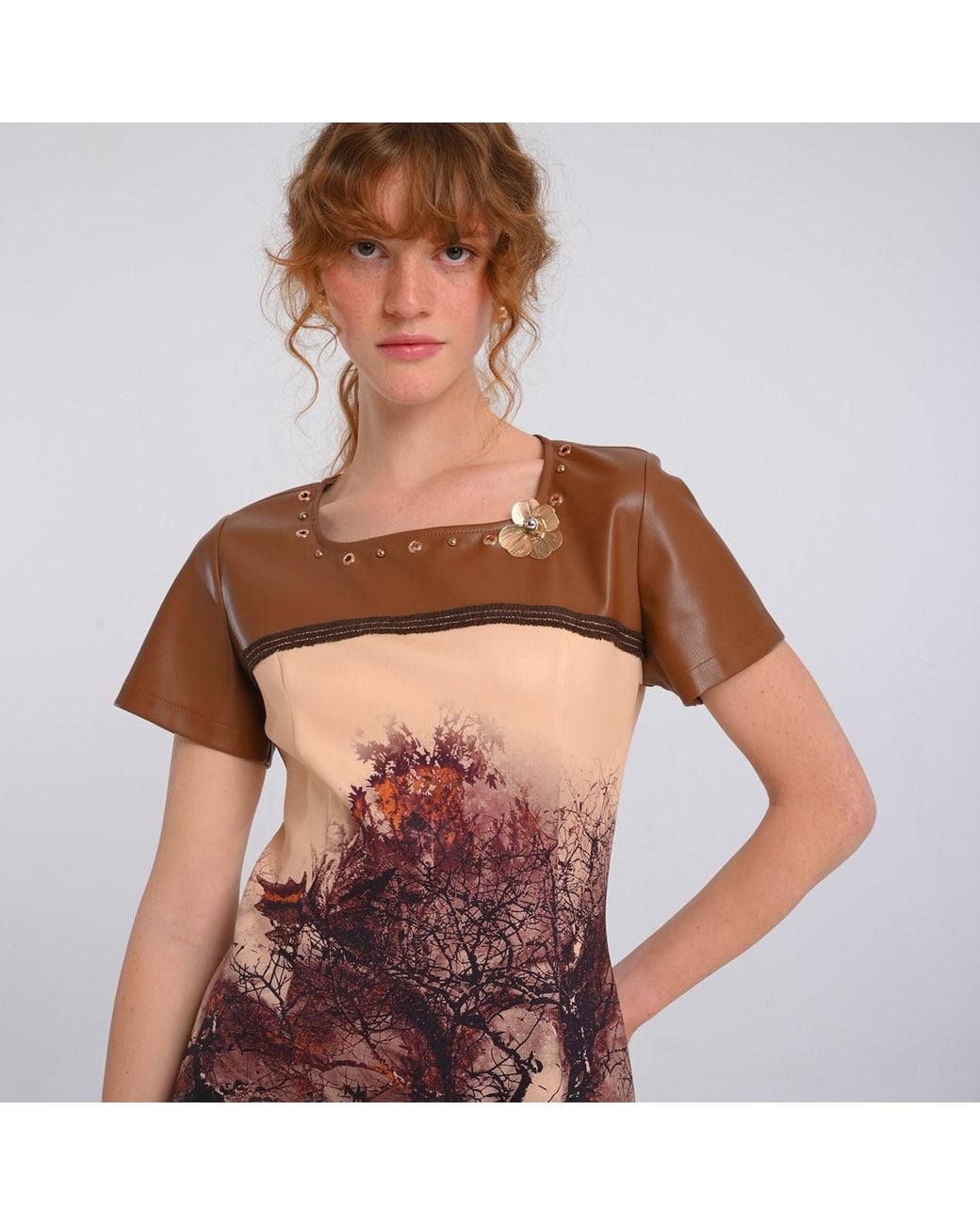 Lalipop Design Red Neutrals All-Over Graphic Print Short Sleeve Dress Panelled With Vegan Leather