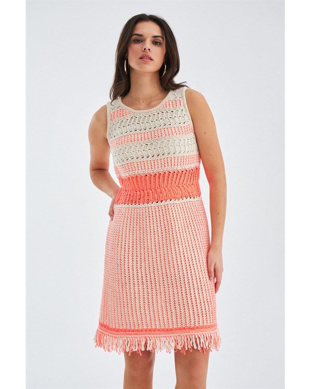 Peraluna Pink Kiyo Sleeveless Above-Knee Tasseled Open Work Summer Knit Dress
