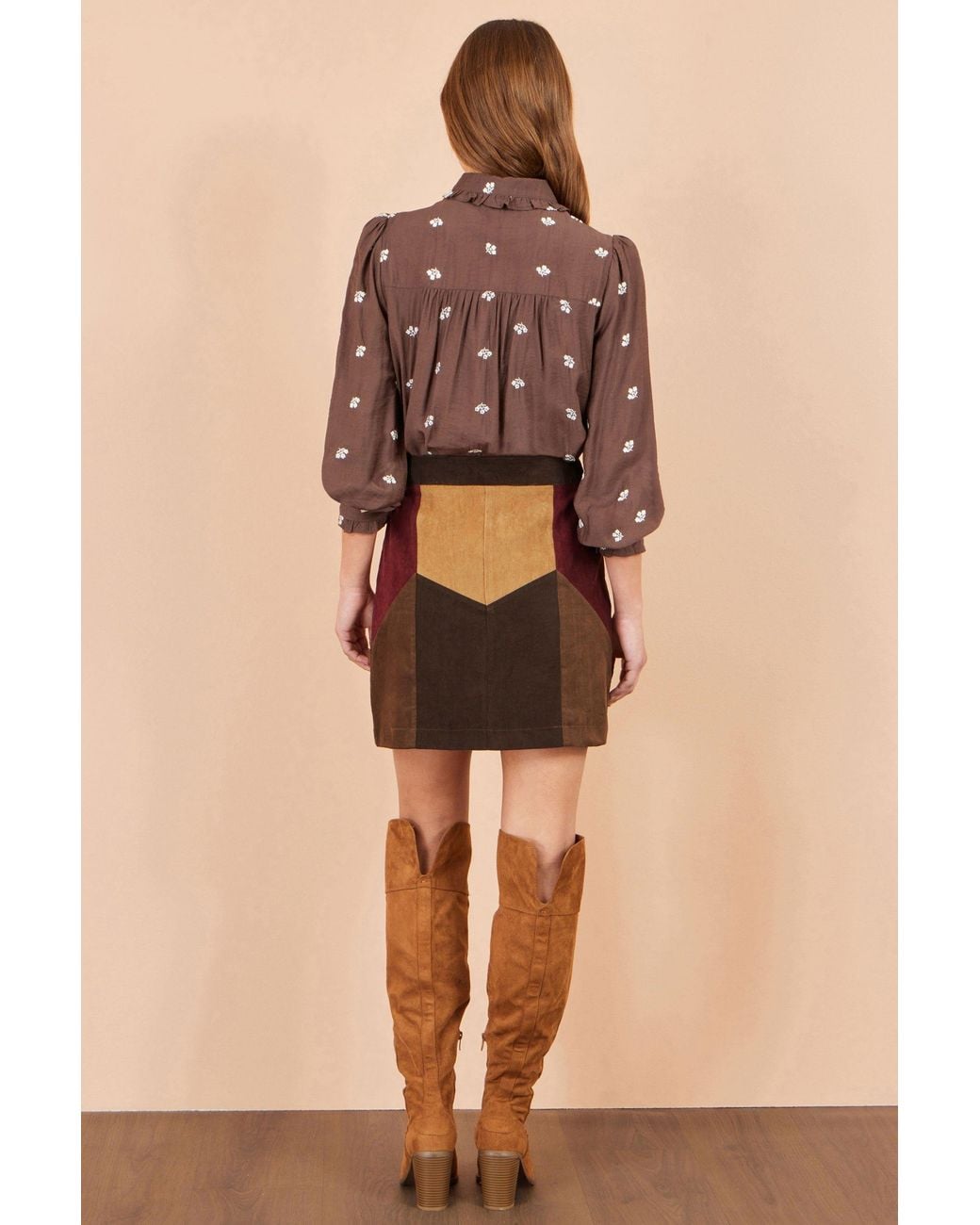 Yumi' Brown Multicolour Patchwork Cord Mini Skirt