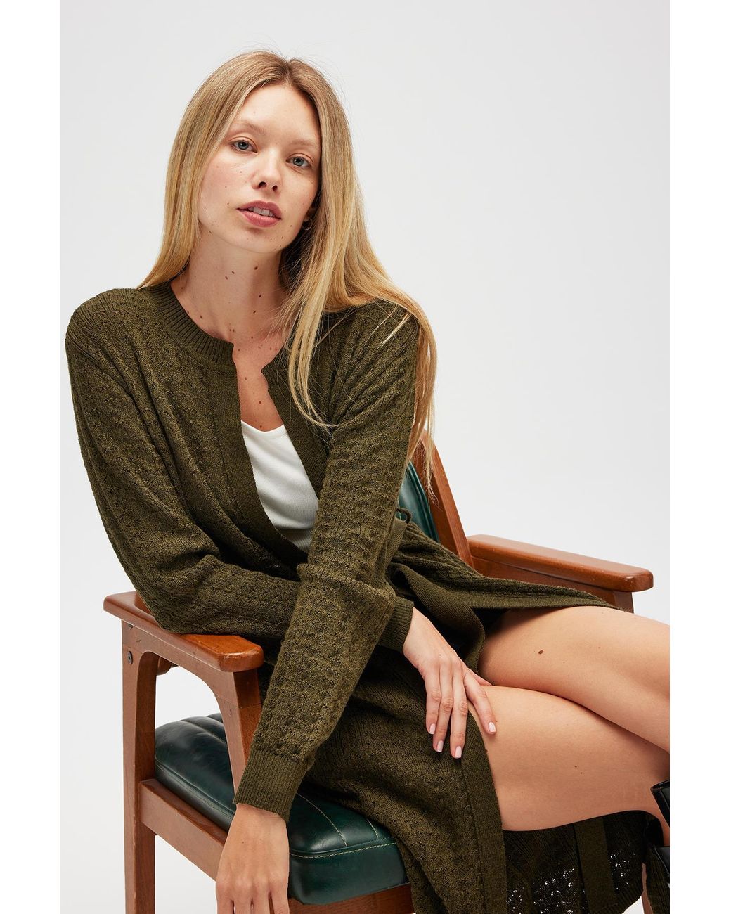 Peraluna Green Zeyna Openwork Long Cardigan
