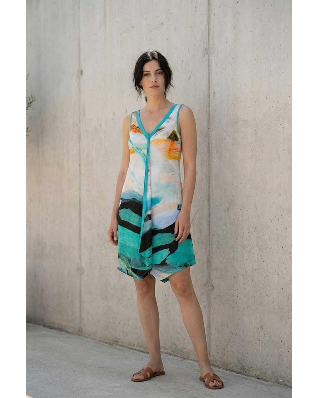 Conquista Blue Sleeveless Asymmetric Summer Dress With Abstract Print