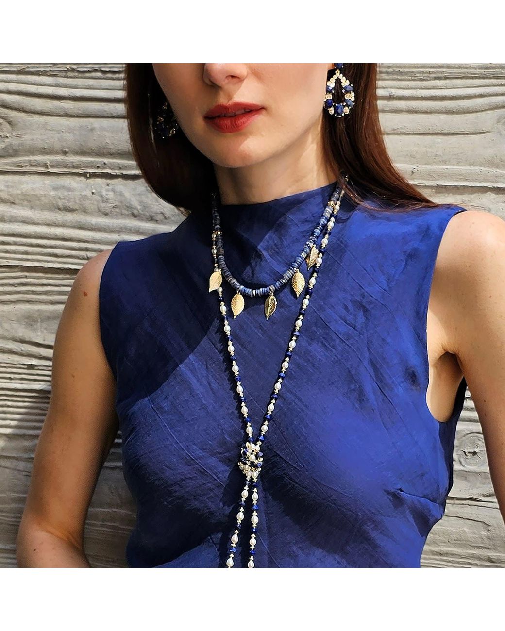 Farra Metallic Pearls And Lapis Versatile Long Necklace