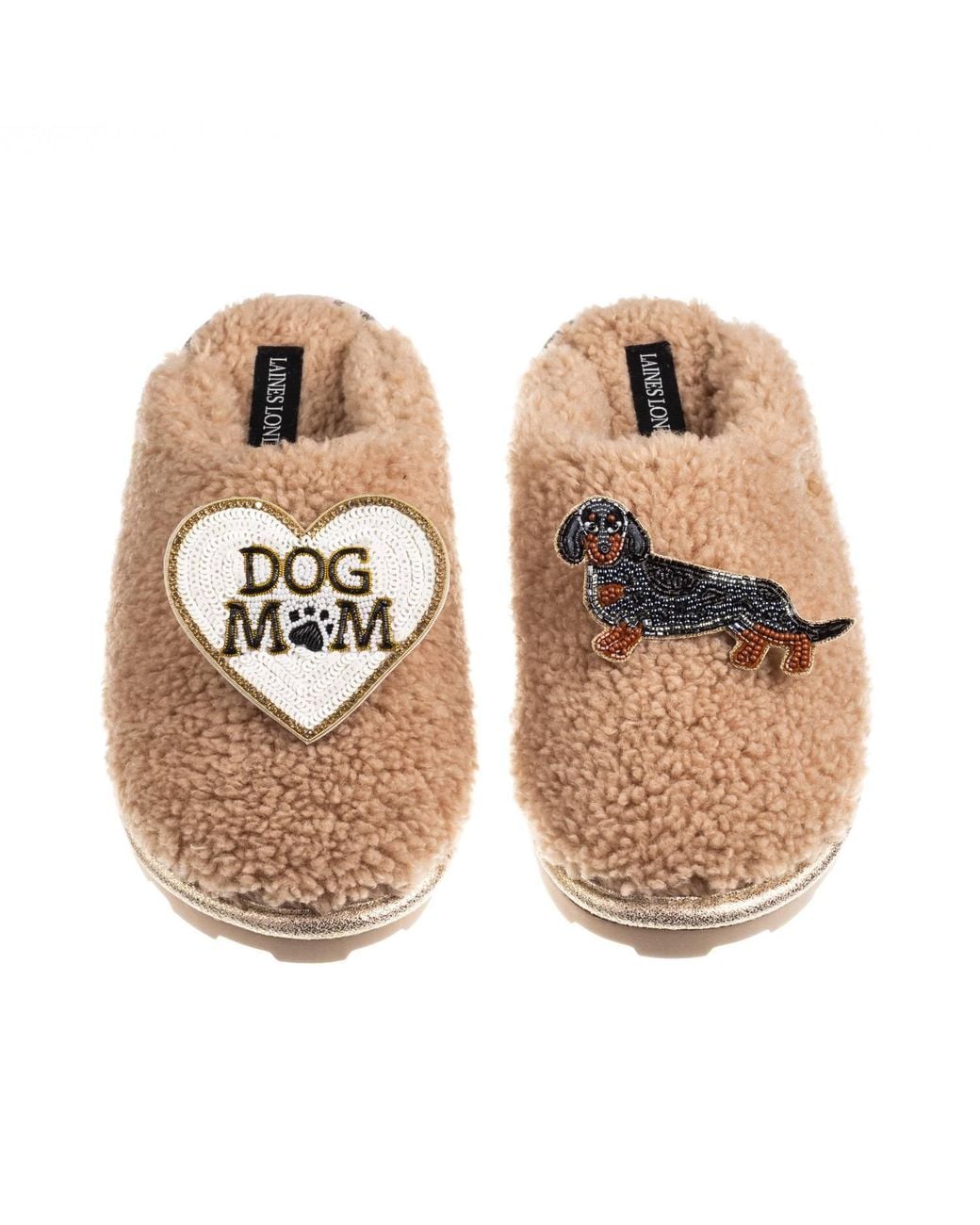 Laines London Metallic Neutrals Teddy Closed Toe Slippers With Dog Mum/Mom & Dapple Dachshund Brooches