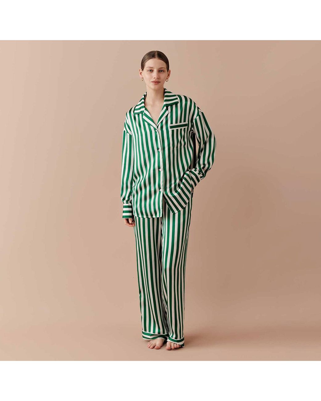 Silkinc Green Classic Wide Stripe Long Pajama Set