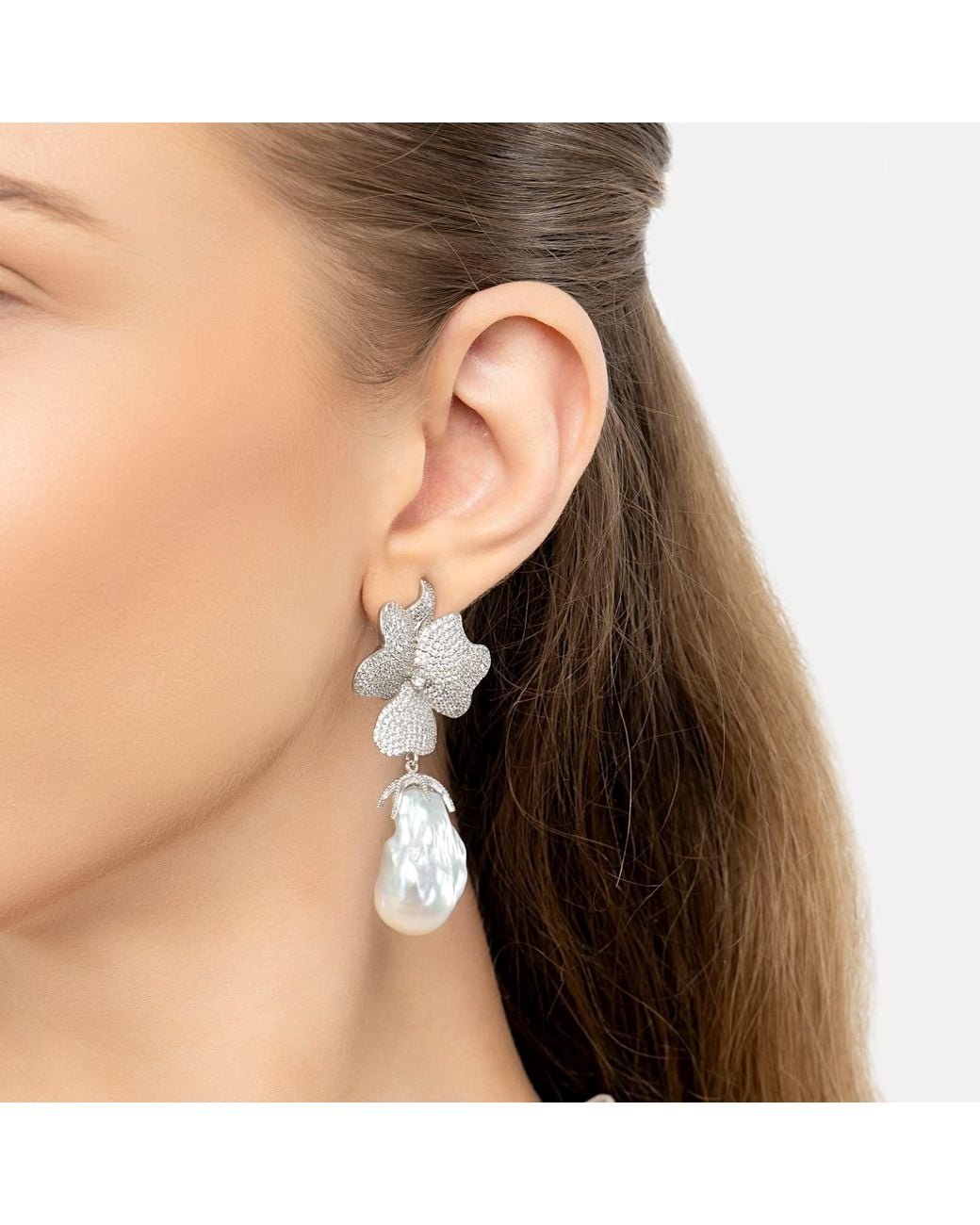 Latelita London Metallic Baroque Pearl Flower Clip On Drop Earrings