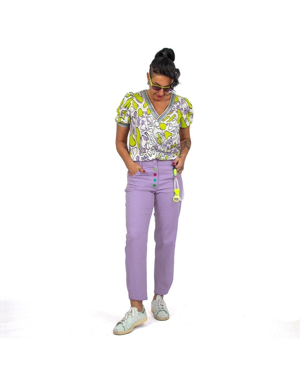 Lalipop Design Blue Puff Sleeves V-neck Blouse With Abstract Printed Front