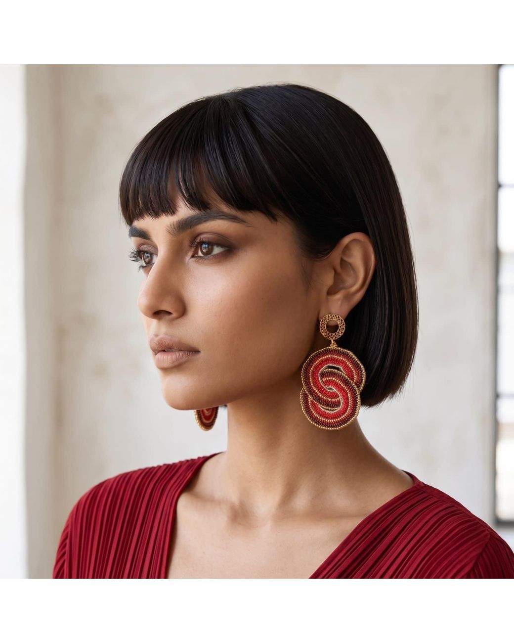 Iliana Arrazola Red Crisscrossed Circle, Dangle Earrings, Glass Beads, Beaded Jewelry
