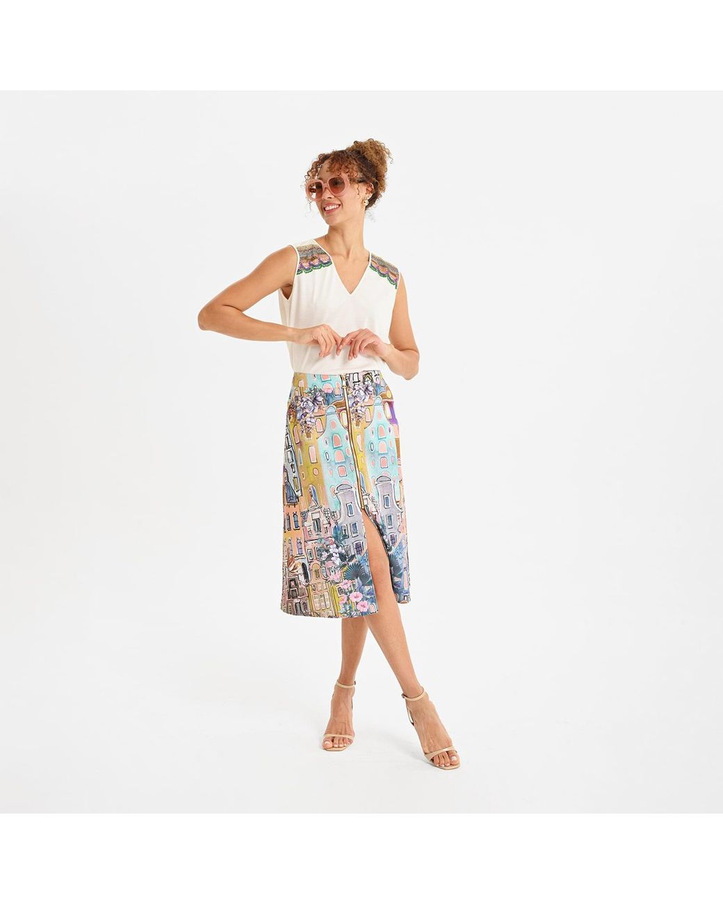 Lalipop Design Blue Urban Sketch Print Tiered Midi Skirt