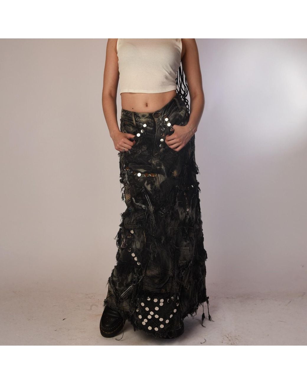Zasta Studio Gray Shred Couture Carbon Clash Studded Denim Skirt