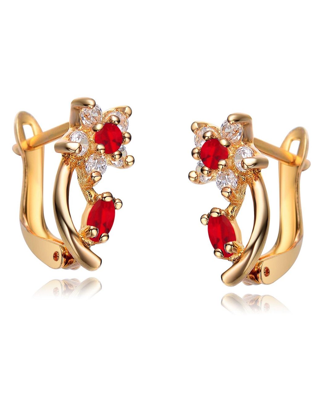 Genevive Jewelry Red Sterling Plated Ruby Cubic Zirconia Flower Huggie Earrings
