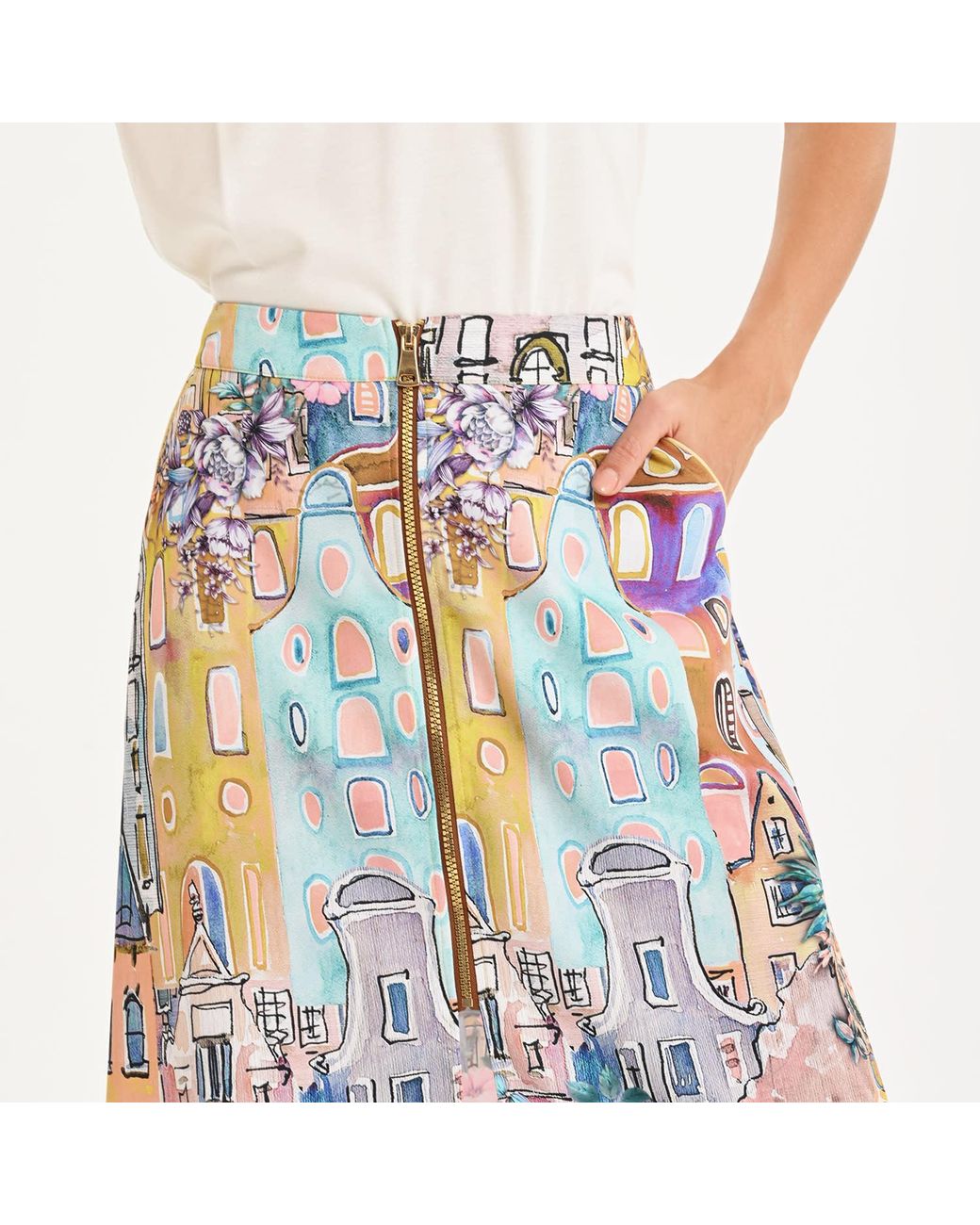 Lalipop Design Blue Urban Sketch Print Tiered Midi Skirt