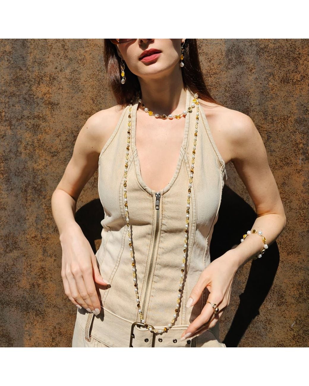 Farra Metallic Tiger-Eye And Citrine With Freshwater Pearls Long Necklace